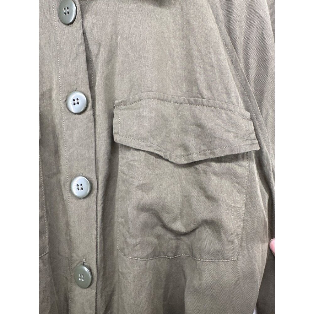 Topshop ShirtDress Sz 10 Army Green Button Front Roll Tab Slv Modern City Safari - Picture 2 of 13